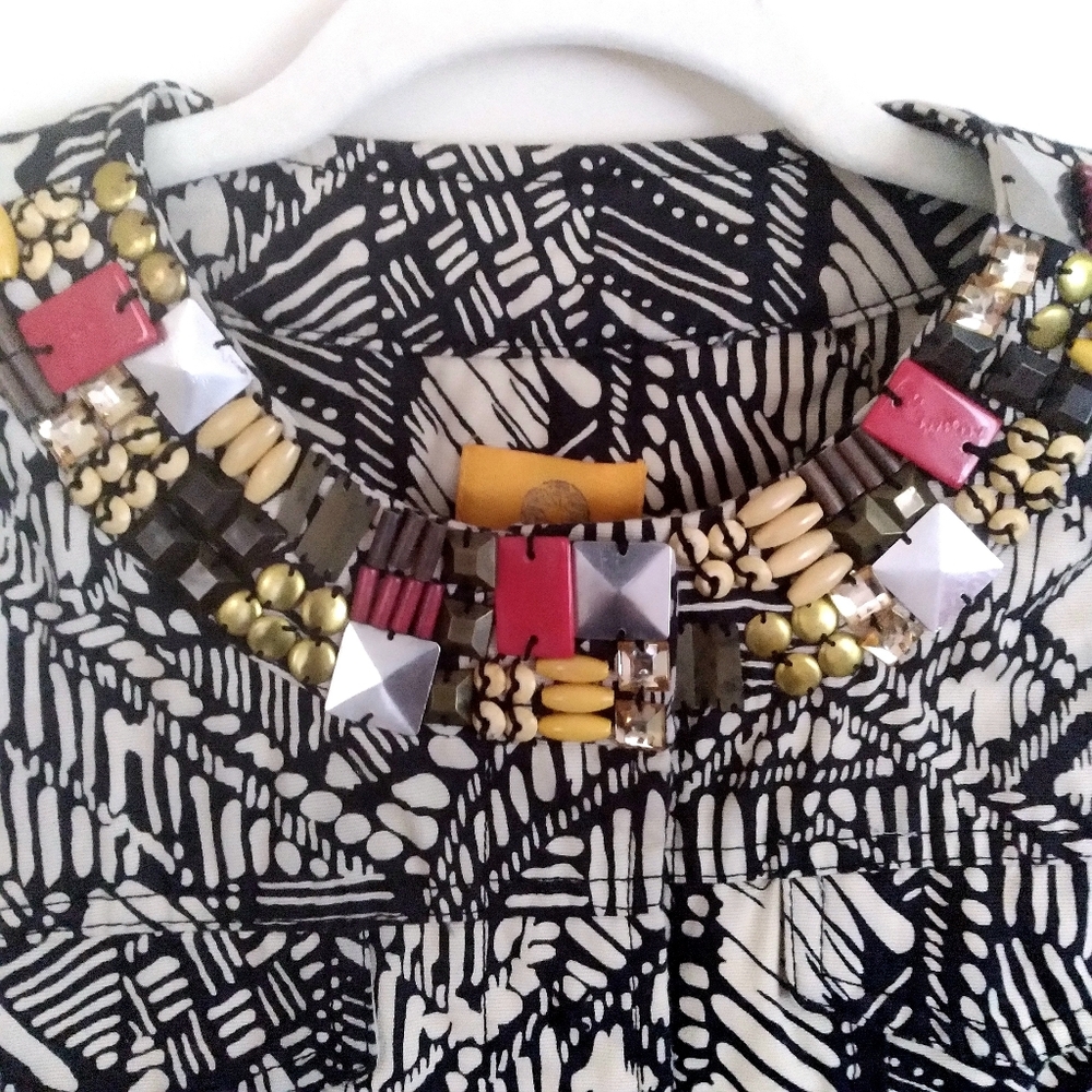 Ruby Rd. Maximalist Geometric Tribal Print Cropped Beaded Jacket Blazer